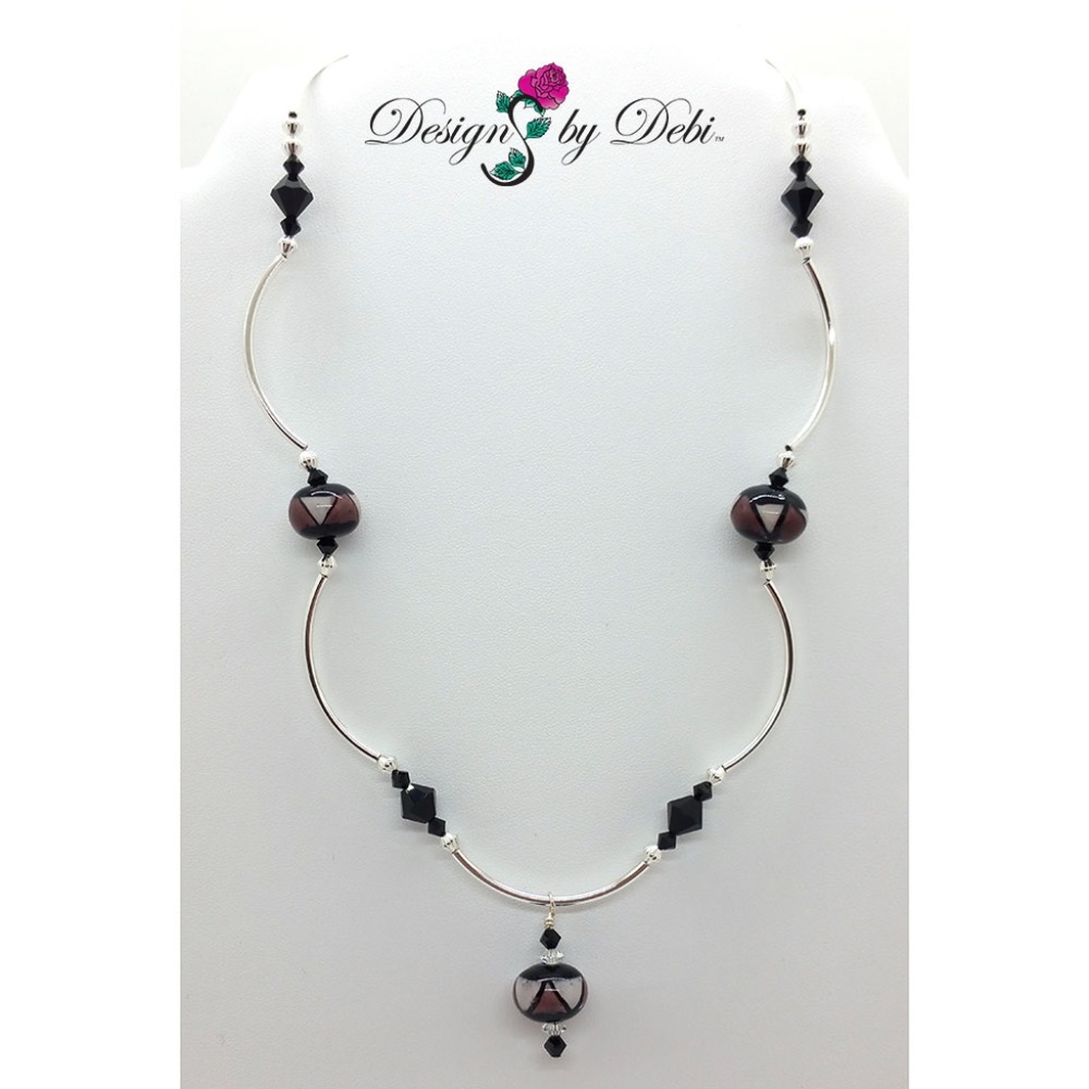 Pink & Wine Glass & Crystal Triangles Necklace